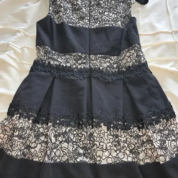 Tahari L32016 Women's Black Lace Zipper Stripe Fit Flare Cocktail Dress Size 10P - Picture 2 of 10